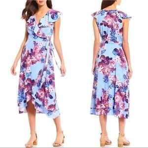 Alex Marie Fara SleevelessTrue Wrap Midi Dress Size 8 blue pruple floral